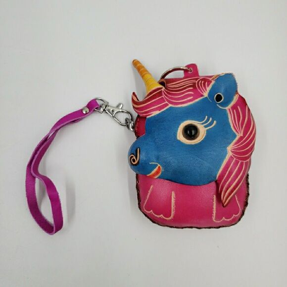 Unicorn Leather Wristlet Wallet Handmade Tooled Coin Purse Keychain Fantasy Gift - Picture 1 of 13